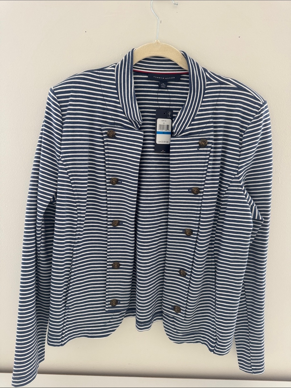 Tommy Hilfiger Navy and White Striped Double-Breasted Blazer